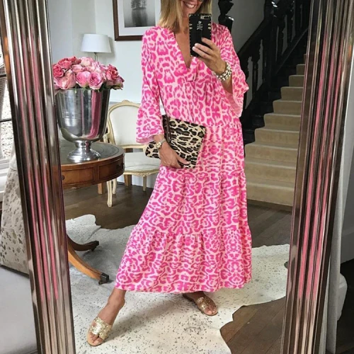 Women's Pink Leopard Plus Size 3XL Loose Waist Maxi Dress