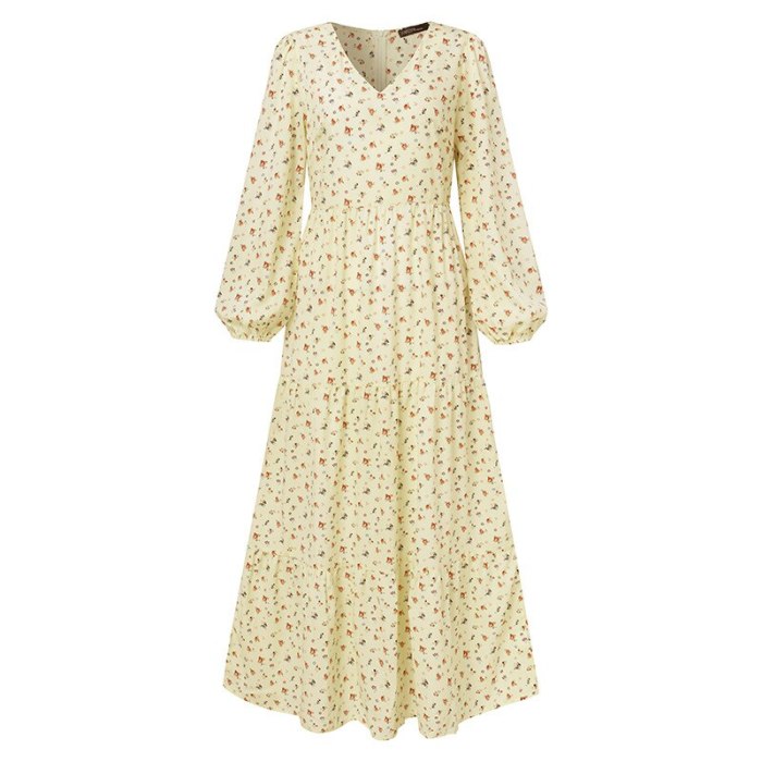 Vintage Floral Printed Summer Plus Size V-Neck Puff Sleeve Maxi Dress