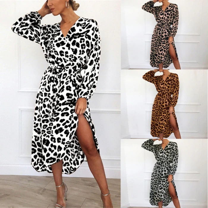 Leopard Dress 2021 Women Chiffon Long Beach Dress Loose Long Sleeve Deep V-neck A-line Sexy Party Dress Vestidos de fiesta