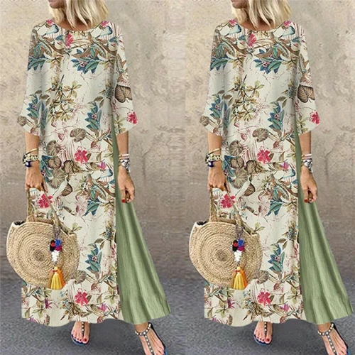 Womens Maxi Beach Dress 2021 Summer Half Sleeve Casual Boho Kaftan Tunic Gypsy Ethnic Style Floral Print Plus Size Dresses