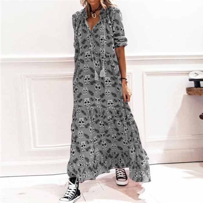 Women V-Neck  A-Line Fashion Drawstring Tassel Loose Maxi Dress
