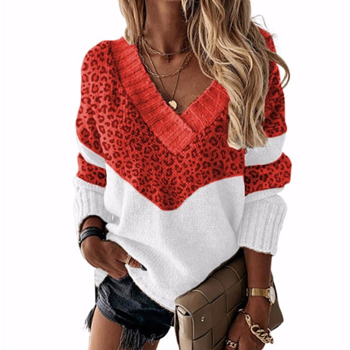 Women Casual Autumn V-neck Patchwork Knitted Sweater