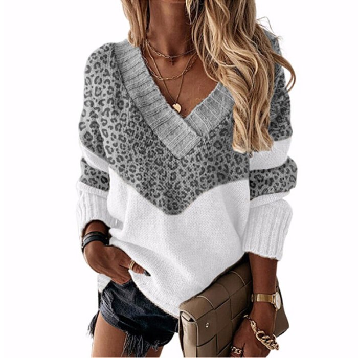 Women Casual Autumn V-neck Patchwork Knitted Sweater