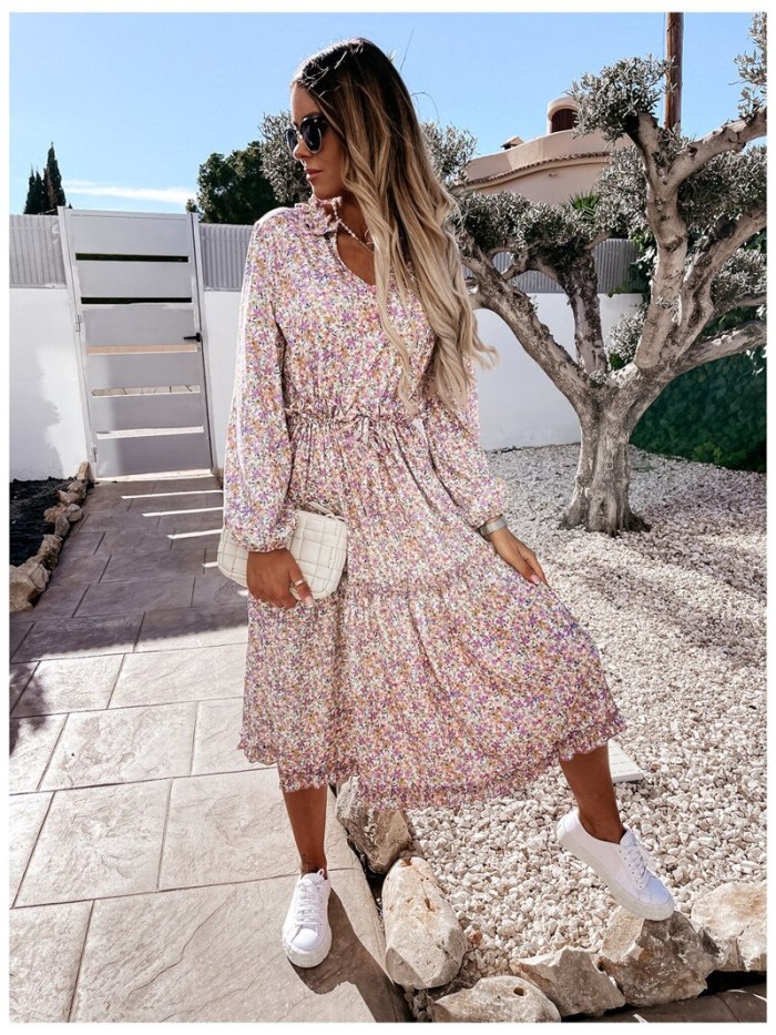 Bohemia Flower Printed Vacation Beach Party Casual Long Sleeve Dress