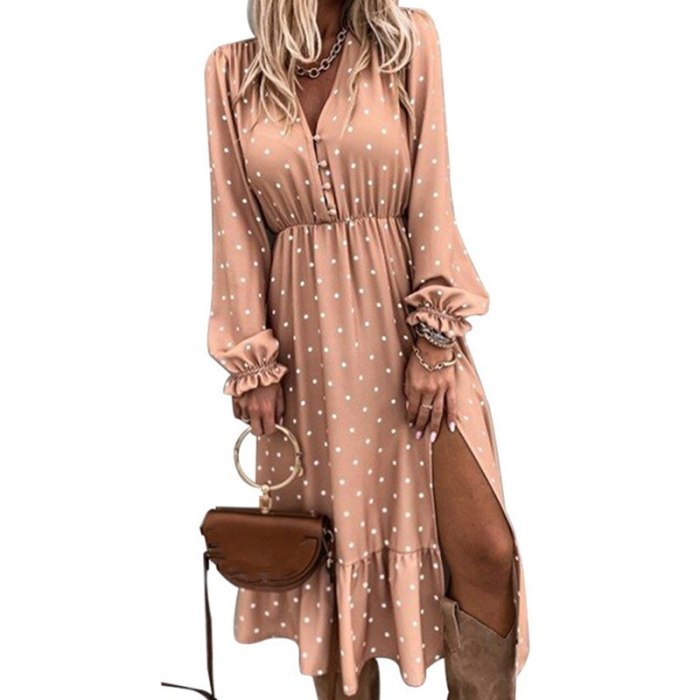 New Sexy Long Sleeve V-neck Buttons Print Wave Point Patchwork Ruffle Maxi Dress