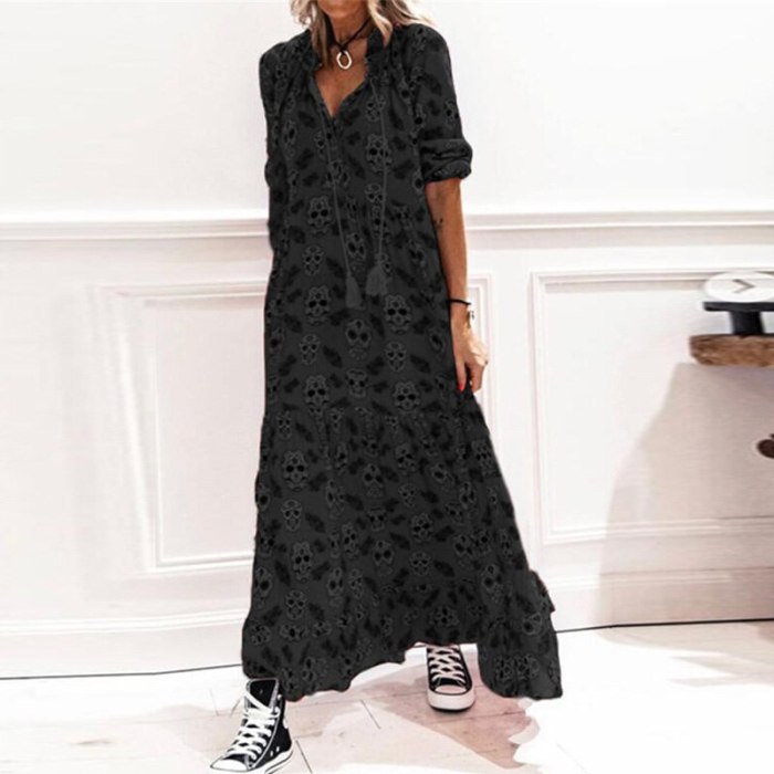 Women V-Neck  A-Line Fashion Drawstring Tassel Loose Maxi Dress