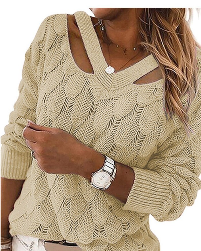 Women's Fashion Hollow Out V-neck Knitted Sweater