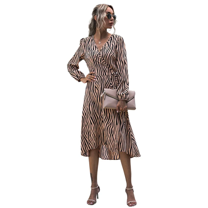 Zebra V-Neck Lace Wrapped Long Sleeve Print Commuter Dress