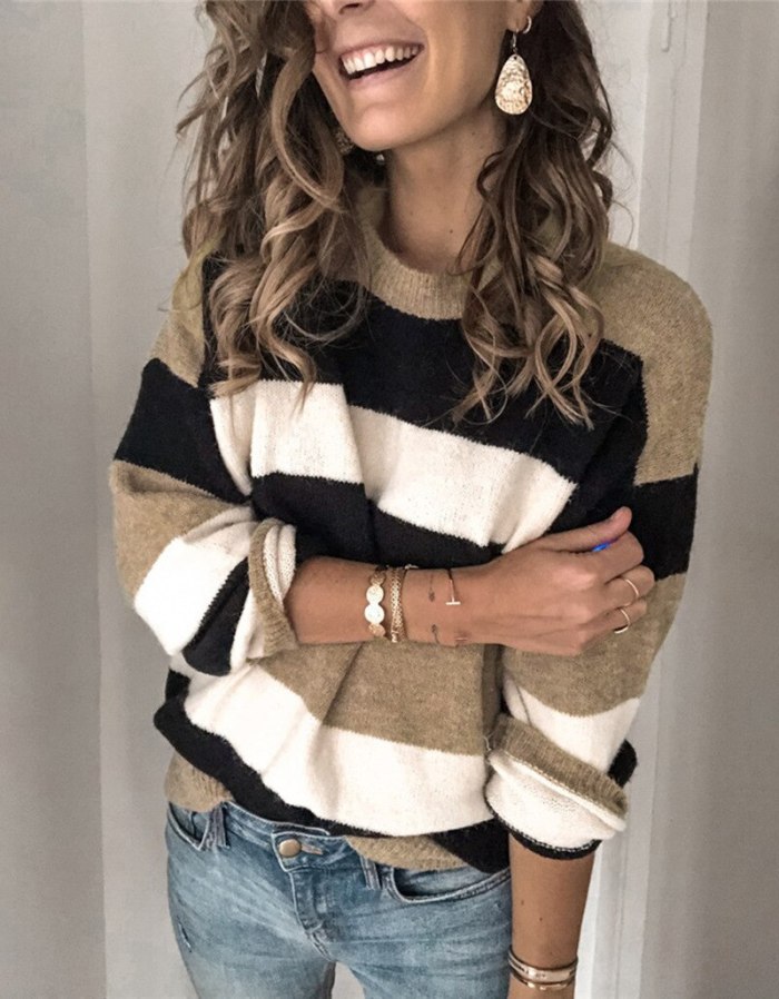 Women Color Block Round Neck Striped Sweaters