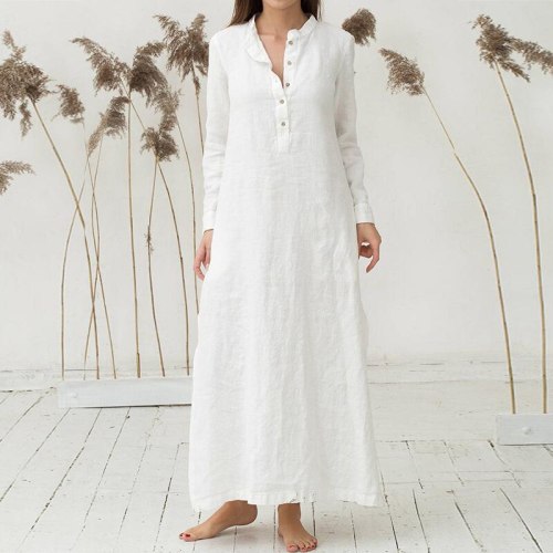 Women Cotton Dress 2021Spring Summer Long Sleeve Maxi Long Dresses Sexy Split Casual Loose Plus Size