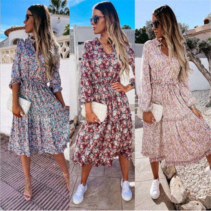 Bohemia Flower Printed Vacation Beach Party Casual Long Sleeve Dress