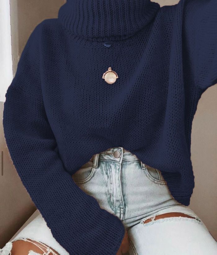 Women Knitted Solid Patchwork Turtleneck Sweaters