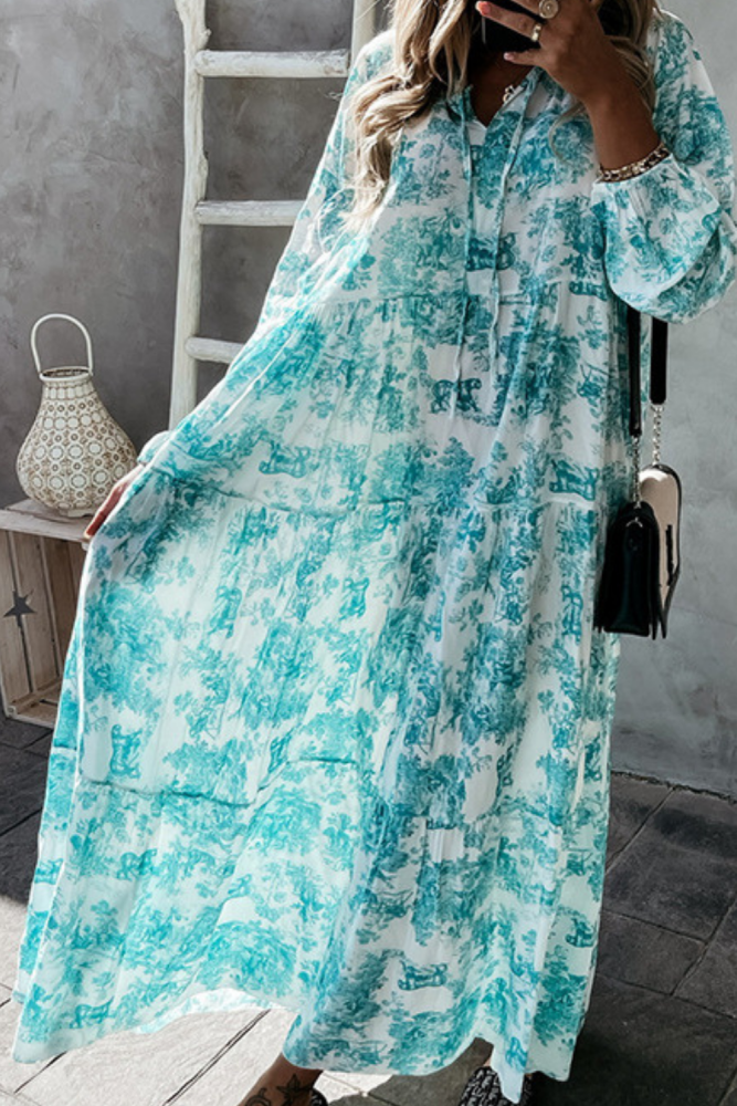 Women Printed V-neck Long Sleeve Maxi Dress