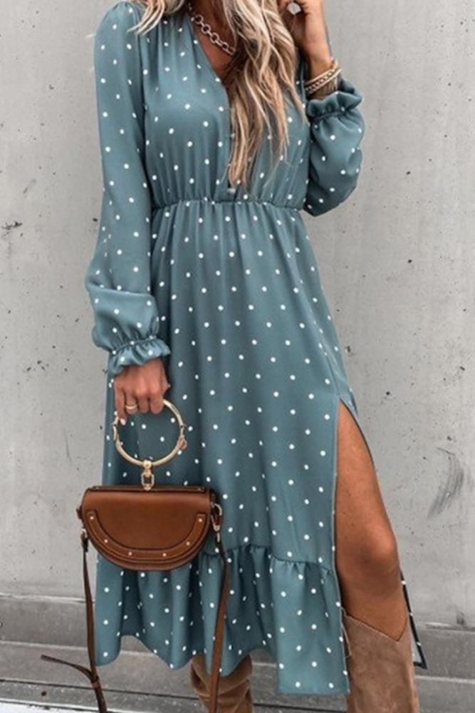 New Sexy Long Sleeve V-neck Buttons Print Wave Point Patchwork Ruffle Maxi Dress