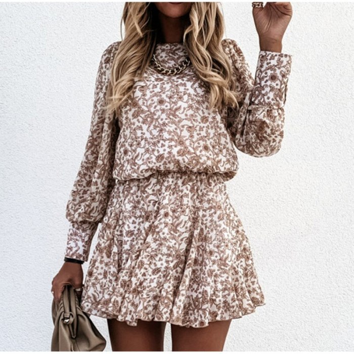 Simple Brown Flower Print Vinatge Dress Women‘s Long Sleeve Street Wear Autumn Winter  Dress Casual Office Lady Clothes