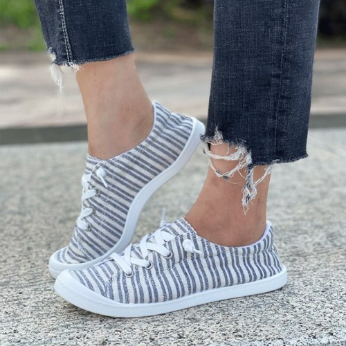 New Summer Women Fashion Casual Everyday Canvas Stripe Print Lace Up Flat Sneakers Comfortable Hot SaleWomen Sneakers888