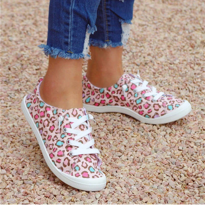 Leopard Flat Lace-up Comfortable Cotton Shoes Sneakers 2022 New Casual Round-toe Soft-soled Shoes