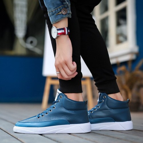 Male Fashion Black High Quality High Shoes Men Casual White Round Toe Pu Leather Shoes