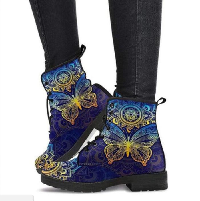 Women's New Skull Flower Print High-top Boots