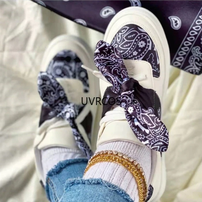 Women White Casual Shoes Riband Lace Leather Waterproof Sneakers with Bow Silk Ribbon 2021 Autumn New Scarf Lacing Low
