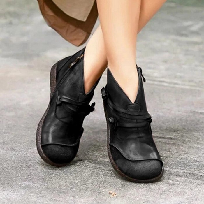 Women PU Ankle Lace Up Ankle Boots