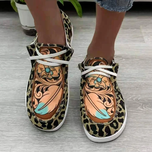 2022 New Women Leopard Loafers Shallow Flat Shoes Mixed Colors Lace Up Round Toe Ladies Outdoor Sports Shoes