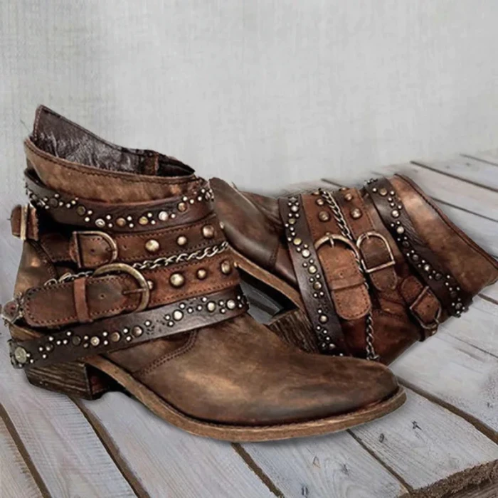 Women Vintage PU Leather Buckle Ankle Boots