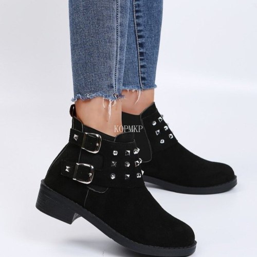 Women Shoes Work Boots Goth Platform Winter with Rivets for Autumn Plush Round Toe Chelsea Buckle Botines
