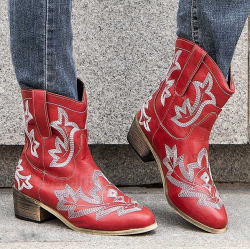 Big Size 48 Vintage Square Heels Autumn Winter Shoes Woman Western Cowboy Boots Female
