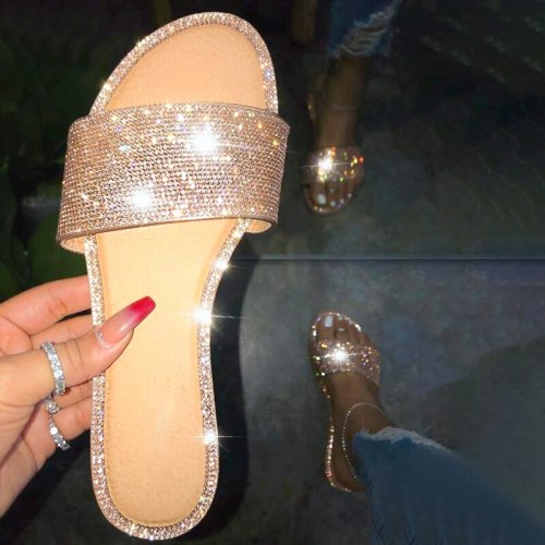 Glitter Slippers Women Summer Sandals 2021 Fashion Bling Female Candy Color Flip Flops Beach Diamond Flat Shoes Outdoor Sandals