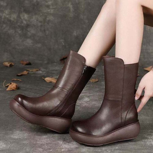 Top Leather Women's Boots 2021 New Leather Retro  Boots Slope Heel Thick Soled Middle Boots Anti Slip Plush Cotton Shoes