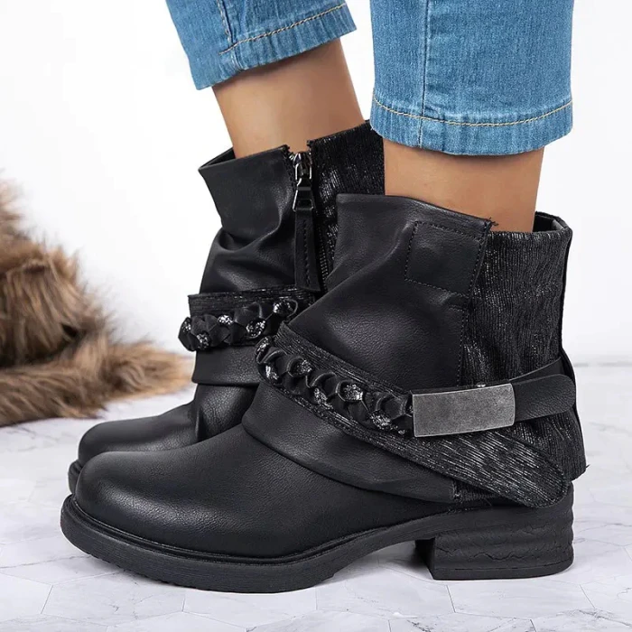 Women Genuine Leather Chain Decor Punk Ankle Boots