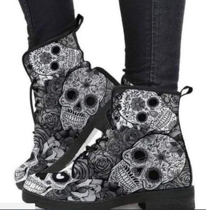 Women's New Skull Flower Print High-top Boots