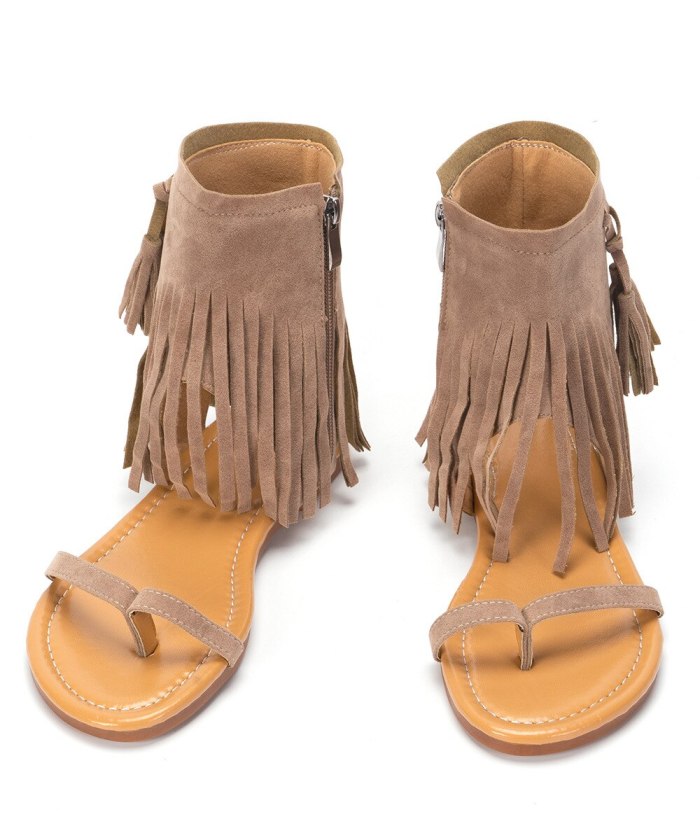 Roman Style Zip Sandals for Women, 2021 Autumn New Bohemia Fringe Flat Sandalias, Retro Gladiator Ladies Clip Toe Vintage Boots