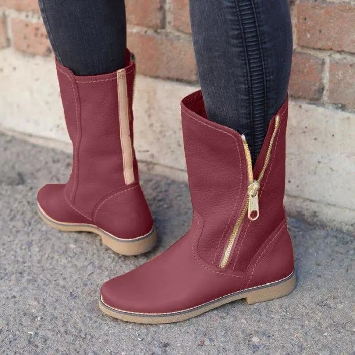 Plus Size  Women Riding Knight Mid Calf Boots Zipper Low Heels Winter Shoes Female Comfort Casual Western Booties