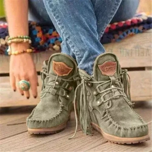 Retro Women Ankle Boots Medieval Faux Suede Leather Tassel Short Boot Lace Up Round Toe Western Cowboy Boots Casual Winter Shoes