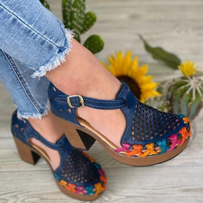 Women Sandals Summer New Square Heel Printed Buckle Strap Ladies Hollow Out Ladies Footwear Casual Outdoor Beach Female Shoes