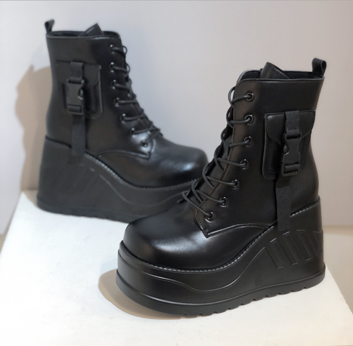 Brand Punk Goth Platform Motorcyle boots Wedges Women's Boots Lace Up Trendy INS Hot Sale Chain 2021 Casual Luxury Women's Shoes
