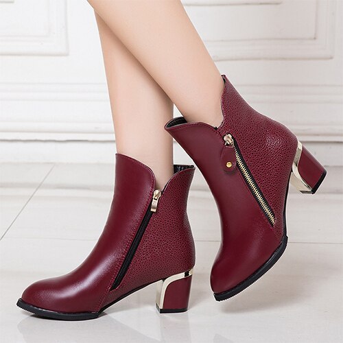Women's PU Leather Ankle Boots Women Zipper Pumps Woman Pointed Toe Mid Heels Ladies Comfortable Shoes Female Casual Footwear