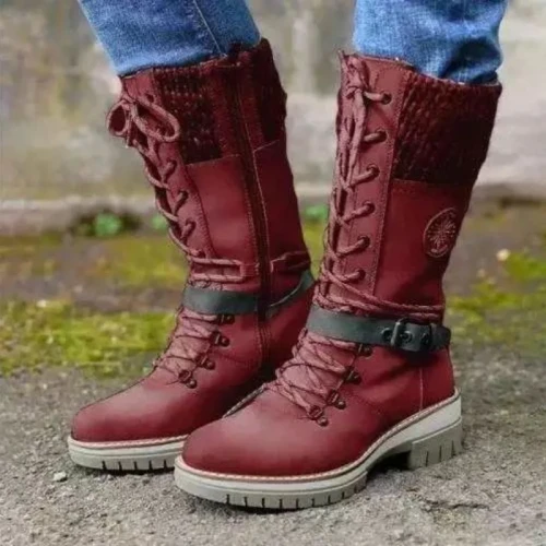 2021 Winter New Women's PU Stitching Lace Up Zipper Middle Sleeve Boots Waterproof Snow Boots Comfortable Hot Sale
