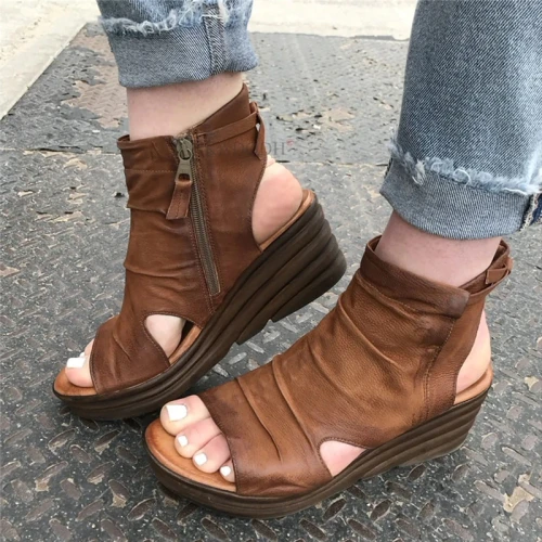 Shoes Women's Summer Casual Fashion 2021 New High-top Increased Slope Heel Sandals Soft Leather Thick Bottom Fish Mouth Sandals