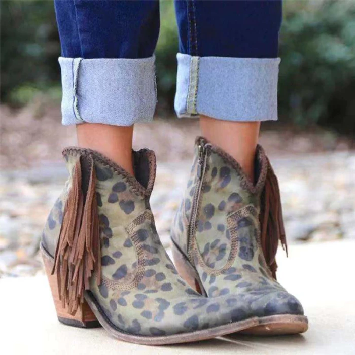 Female Autumn Winter Lace PU Leather Cowboy Ankle Boots Women Wedge High Heel Booties Snake Print Western Cowgirl Boot