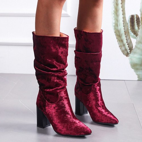 Rimocy Vintage Flock High Heels Mid Calf Boots Women Wine Red Slip on Pointed Toe Boots Woman Plus Size Autumn Pleated Botas 43