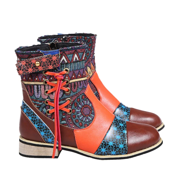 Vintage Ladies Fashion Boots PU Fringed Cross Tied Print Patchwork Zipper Low Heel Women's Ankle Boots Floral Boots Bohemian