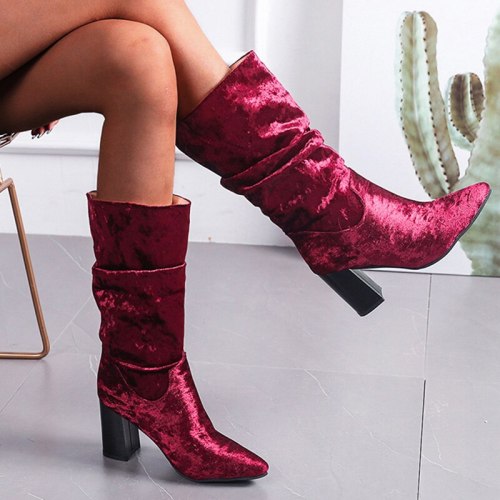Rimocy Vintage Flock High Heels Mid Calf Boots Women Wine Red Slip on Pointed Toe Boots Woman Plus Size Autumn Pleated Botas 43