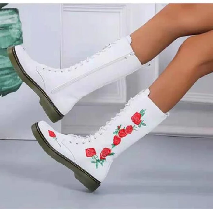 Beige Mid Calf Embroidered Embroidery Big Size Brand Women Winter Boots Genuine Leather Shoes Flower Handmade Flat High Heel