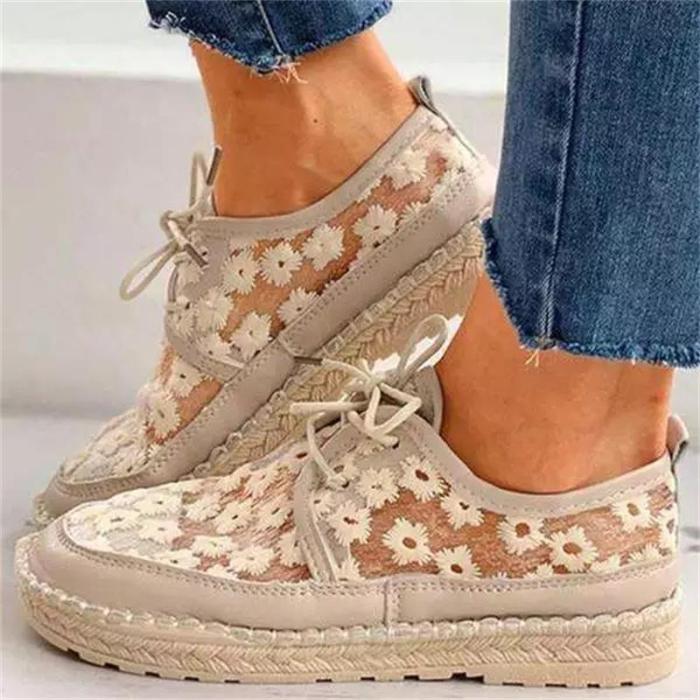2021 New Women's Shoes Fashion Sweet Lace Flower Lace Stitching PU Round Toe Flat Heel Platform Comfortable Casual Shoes XM238