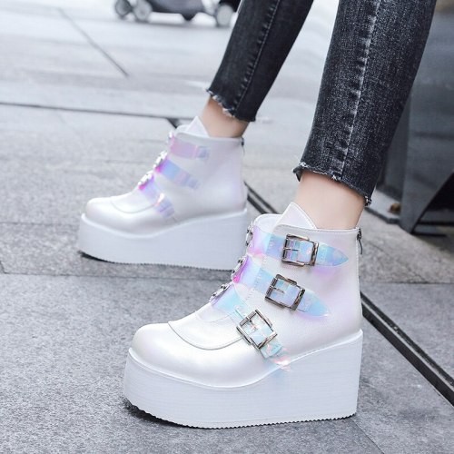 2021 Fashion PVC Strap Decorating High Wedges Shoes High Platform Ankle Boots Metal Buckle Ankel Boots Punk Boots PU Women Boots