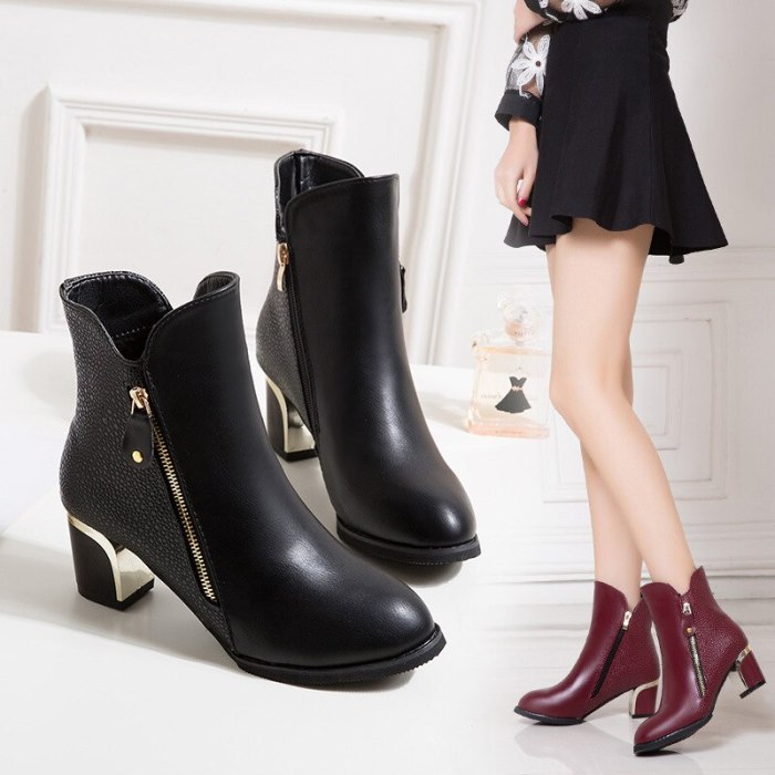 Women's PU Leather Ankle Boots Women Zipper Pumps Woman Pointed Toe Mid Heels Ladies Comfortable Shoes Female Casual Footwear