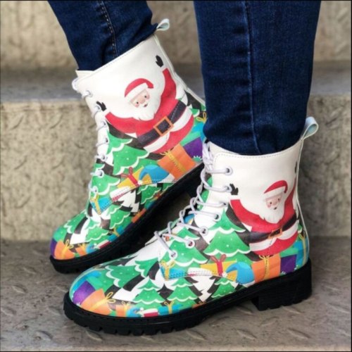 Women Fashion PU Leather Lace Up Printed Boots